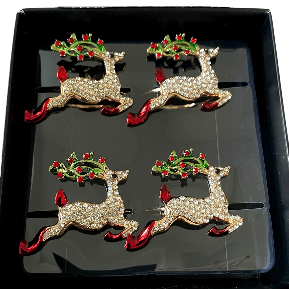 Nicole Miller Christmas Rhinestone Reindeer Napkin Rings Set of 4 Holiday Glam